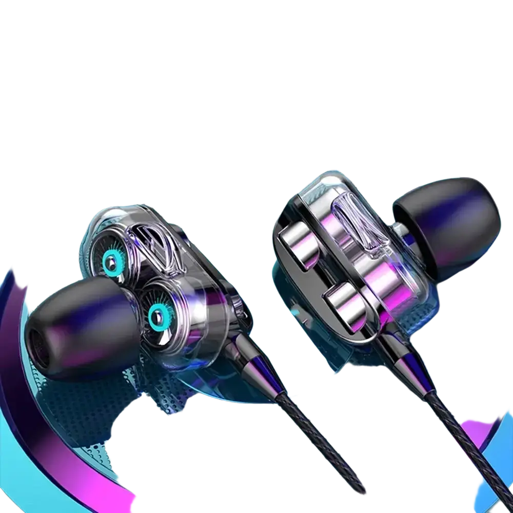 Clear metallic finished dual driver bass stereo in-ear headphones with black silicone tips and 3.5mm aux cable for gaming