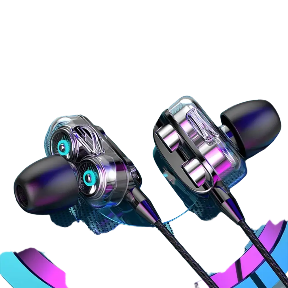 Clear transparent dual driver bass stereo wired in-ear headphones with metallic accents and black silicone ear tips for gaming