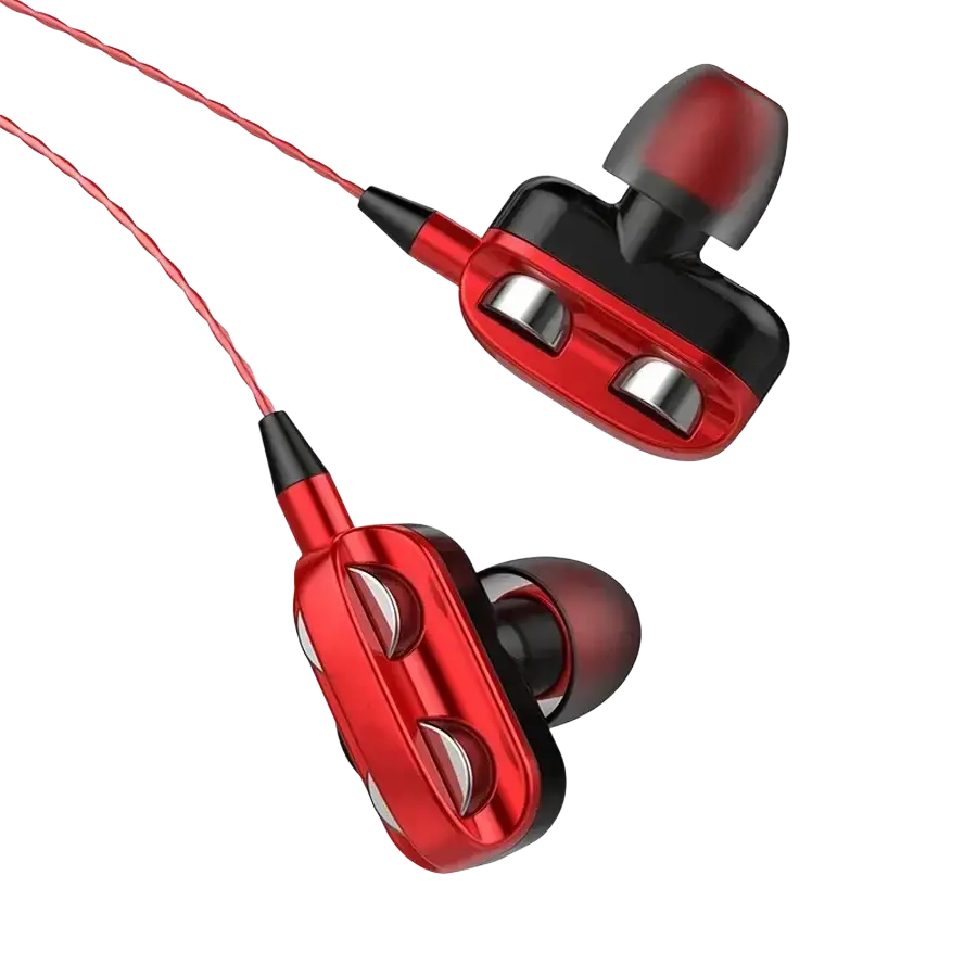 Red and black dual driver bass stereo gaming earphones with silver accent buttons and built-in mic