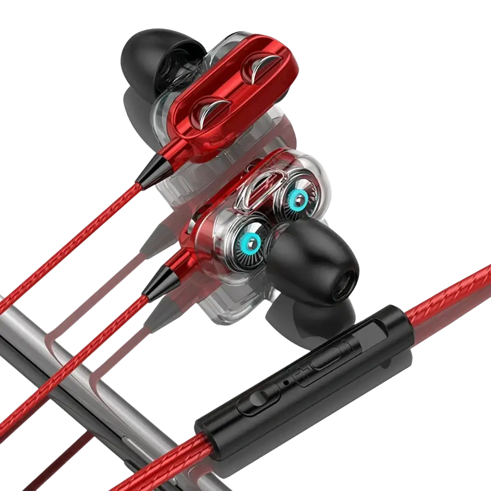 Dual driver bass stereo gaming earphones with red transparent wired design blue illuminated drivers and black in-ear tips