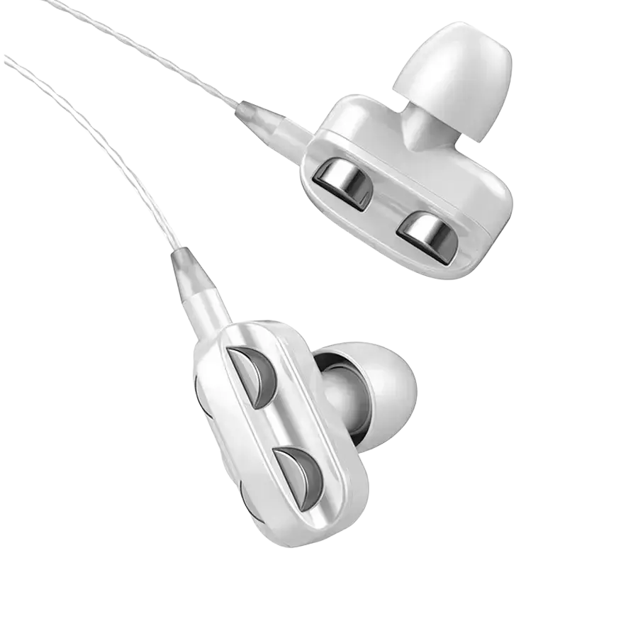 White in-ear dual driver bass stereo gaming earphones with mic featuring sleek metallic silver accents and minimalist design
