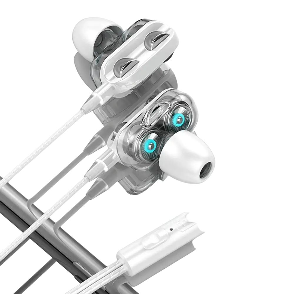White dual driver bass stereo gaming earphones with transparent housing blue illuminated drivers and 3.5mm aux cable