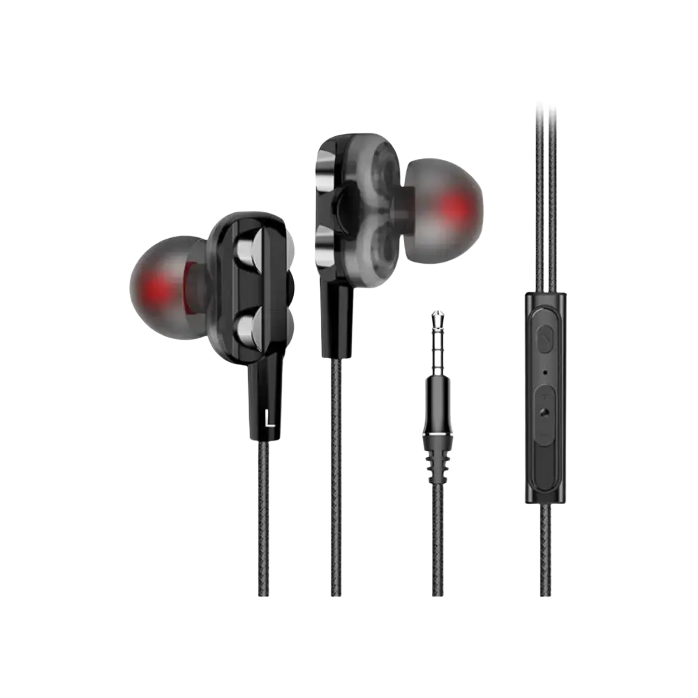 Black dual dynamic earphones with red illuminated drivers and textured cable featuring inline control module for wired use