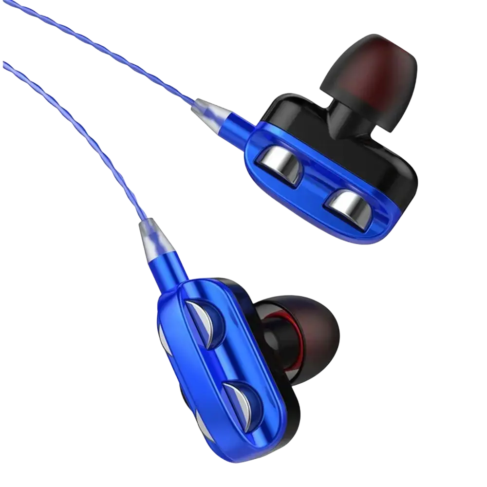 Blue and black dual dynamic earphones with metallic accents wired 3.5mm headset for clear audio listening