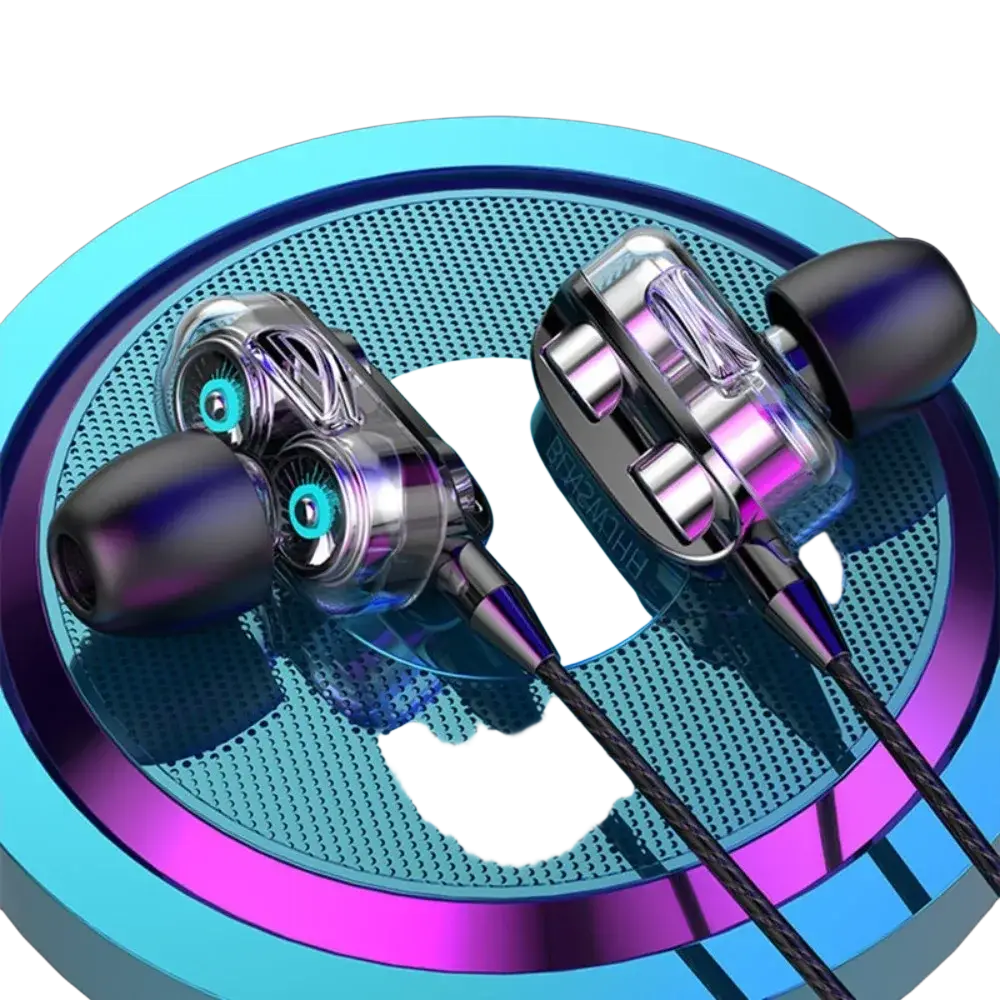 Clear metallic finished dual dynamic earphones with black silicone tips and purple accented cables 3.5mm wired headset