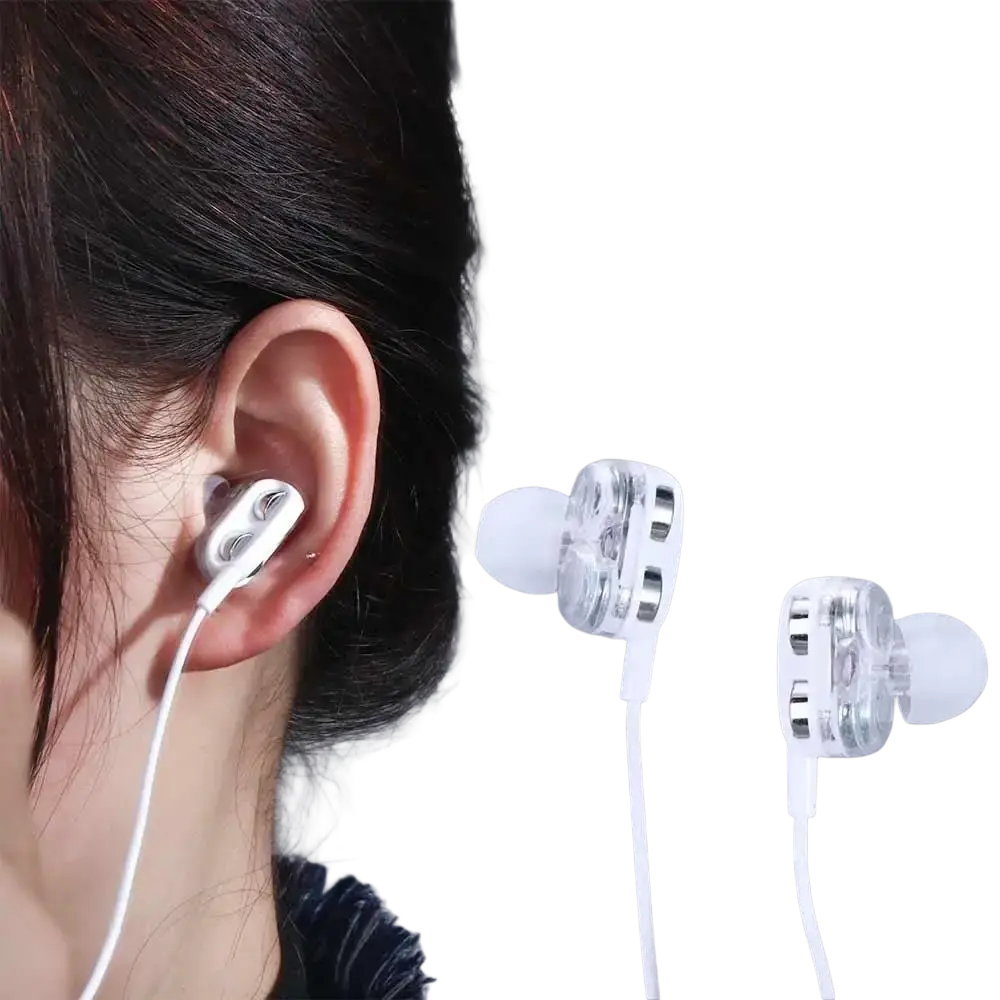 Clear transparent dual dynamic earphones with white ear tips and silver accents 3.5mm wired headset