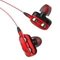 Red and black dual dynamic earphones with sleek metallic finish and silver accent buttons for 3.5mm wired use