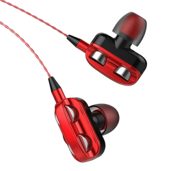 Red and black dual dynamic earphones with sleek metallic finish and silver accent buttons for 3.5mm wired use