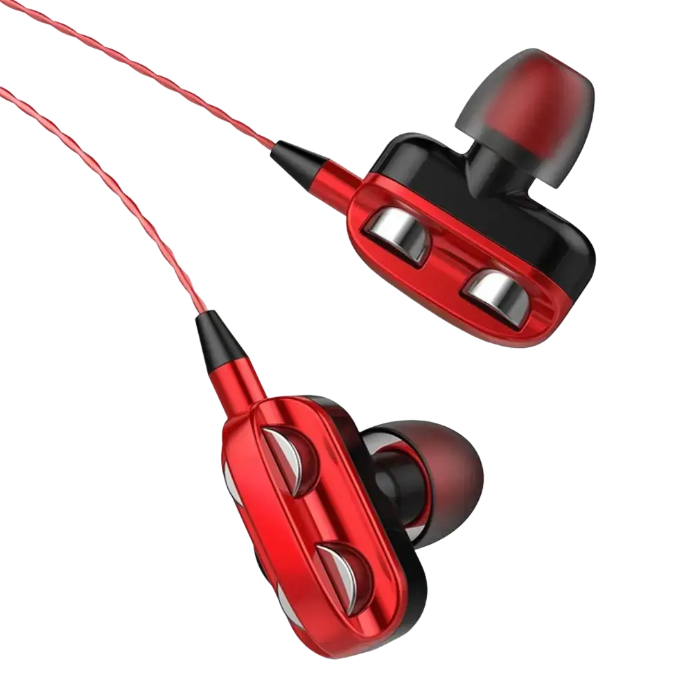 Red and black dual dynamic earphones with sleek metallic finish and silver accent buttons for 3.5mm wired use