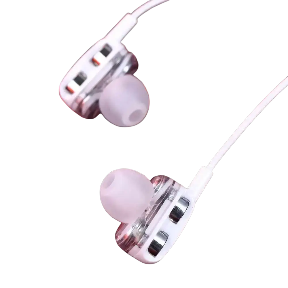 White dual dynamic earphones with transparent plastic housing silver accents and soft silicone ear tips 3.5mm wired headset