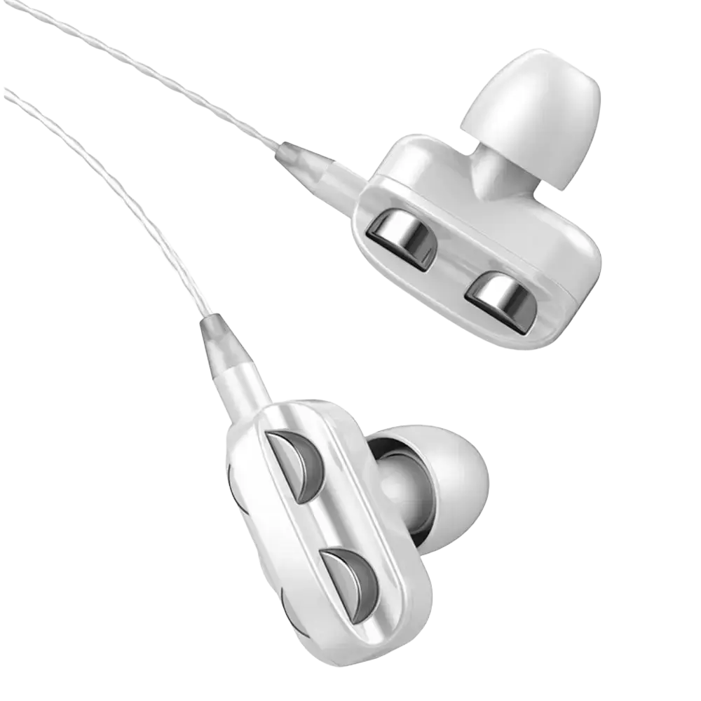 White dual dynamic earphones with sleek metallic finish and dual circular driver openings for 3.5mm wired headset use