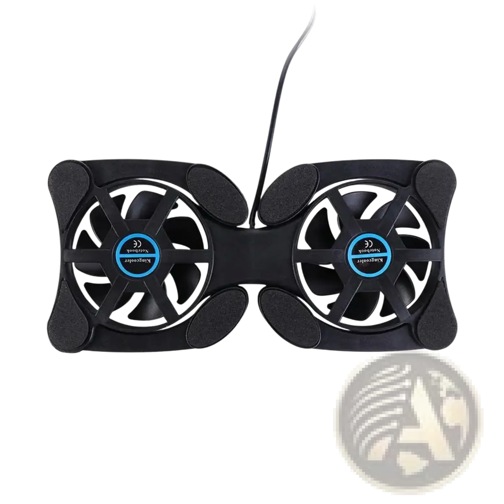 Black dual fan laptop cooling pad with white blades and blue circular logos for usb notebook cooler use