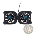 Black dual fan laptop cooling pad with white blades and blue circular logos for usb notebook cooler use