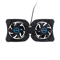 Black dual fan laptop cooling pad with white blades and blue circular logos for usb notebook cooler use