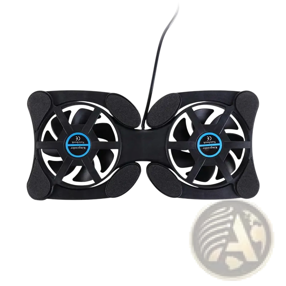 Black dual fan laptop cooling pad with white blades and blue circular logos for usb notebook cooler use