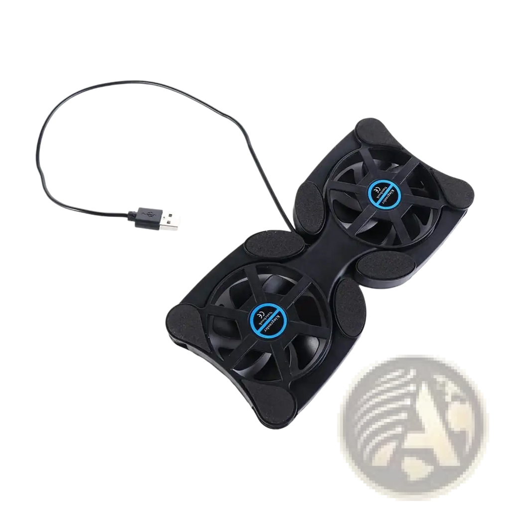 Black dual fan laptop cooling pad with usb cable designed to cool notebooks efficiently during use