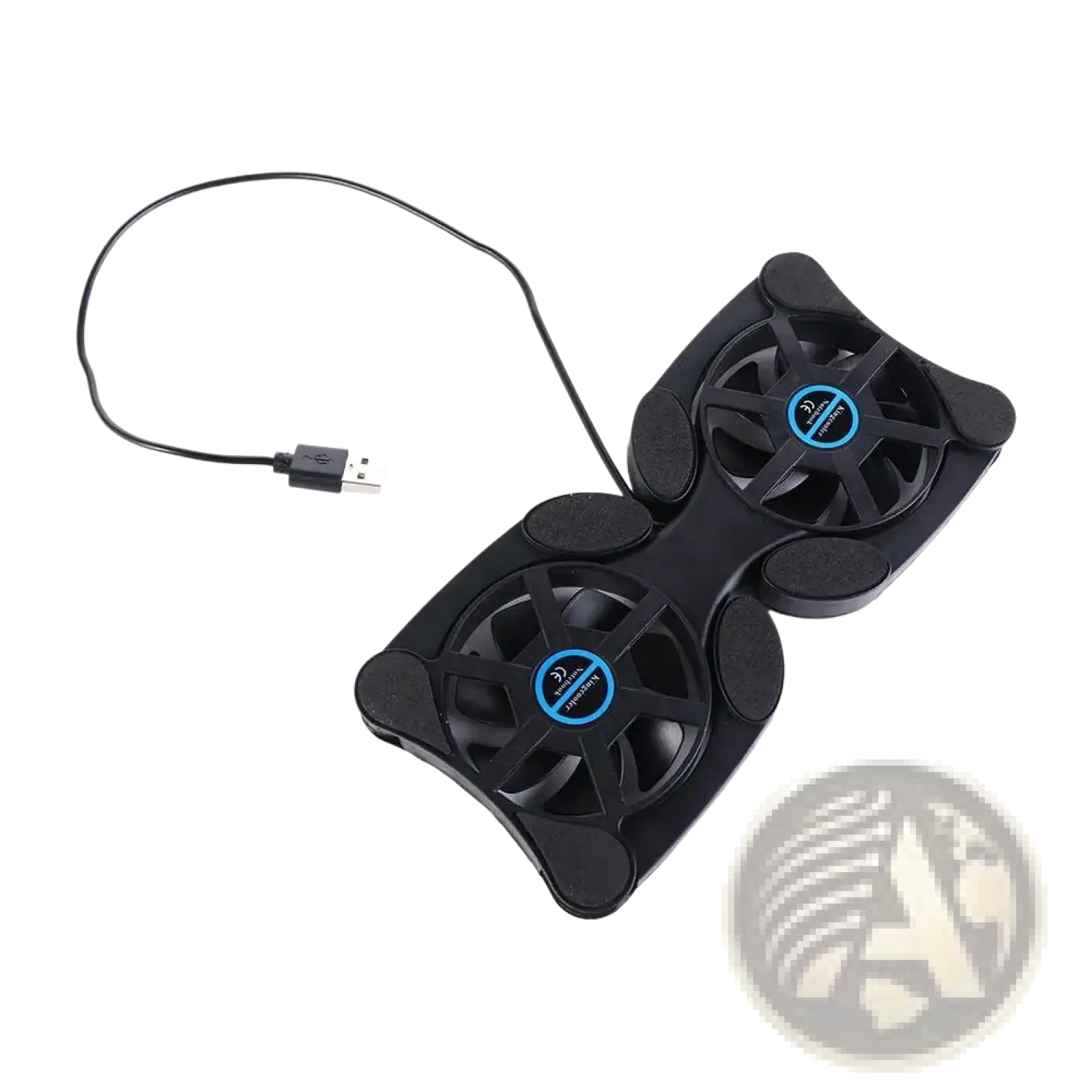 Black dual fan laptop cooling pad with usb cable designed to cool notebooks efficiently during use
