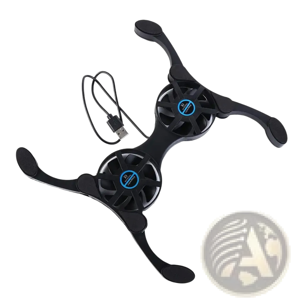 Black dual fan laptop cooling pad with usb cable and blue-accented fan hubs for notebook cooling