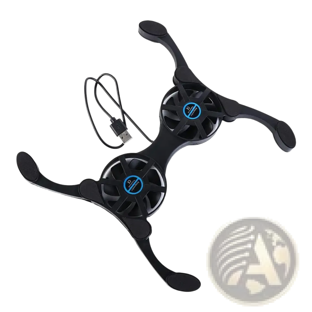 Black dual fan laptop cooling pad with usb cable and blue-accented fan hubs for notebook cooling