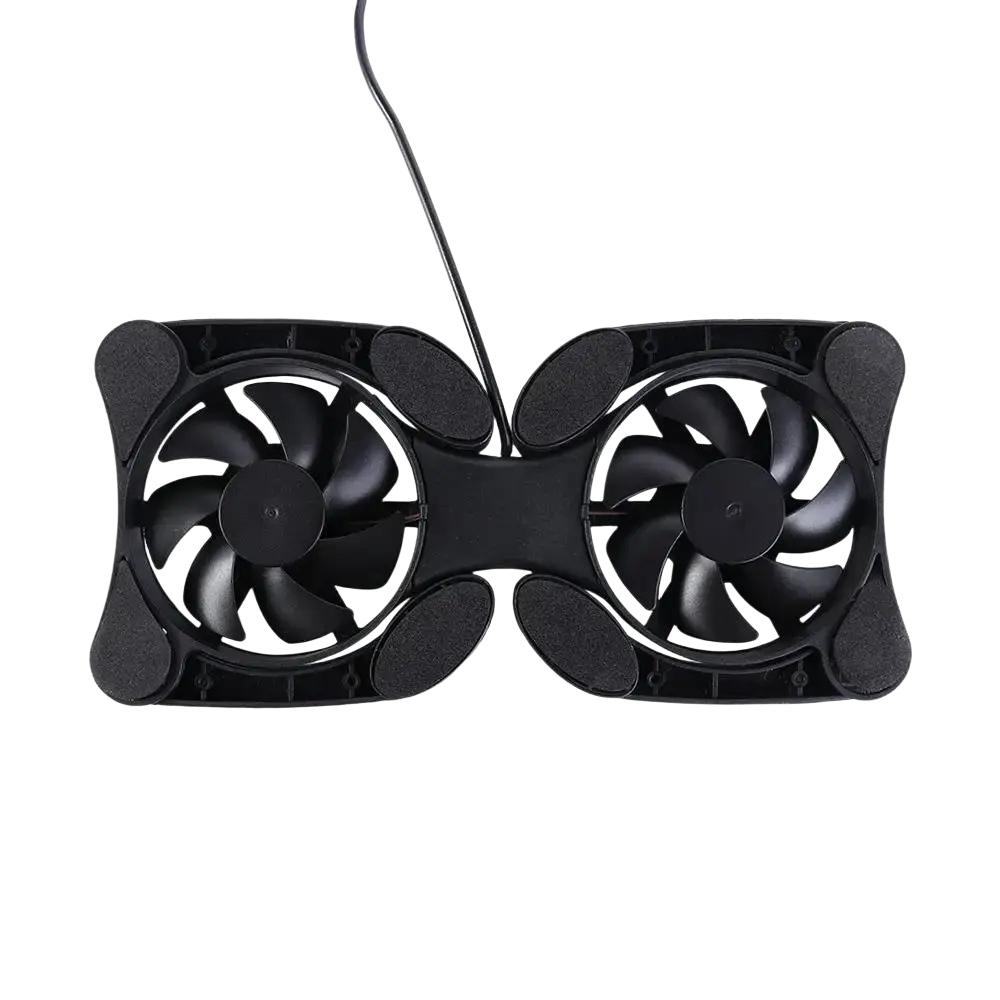 Black dual fan laptop cooling pad with matte plastic housing and integrated usb cable for notebook cooling