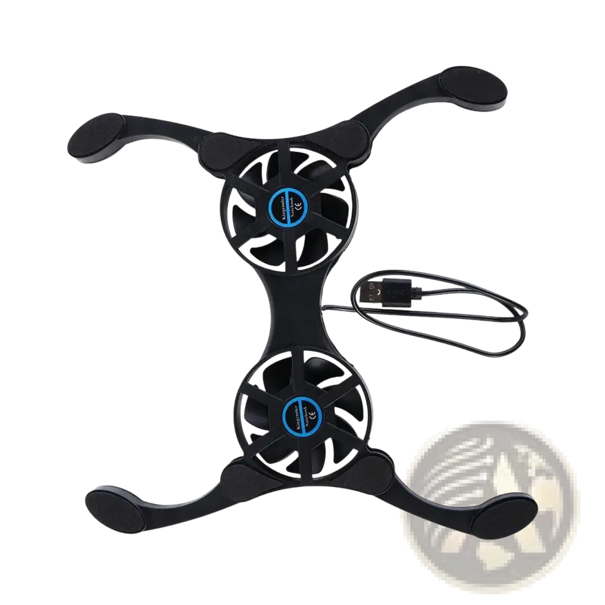 Black dual fan laptop cooling pad with blue accented fan hubs and usb cable for notebook cooling