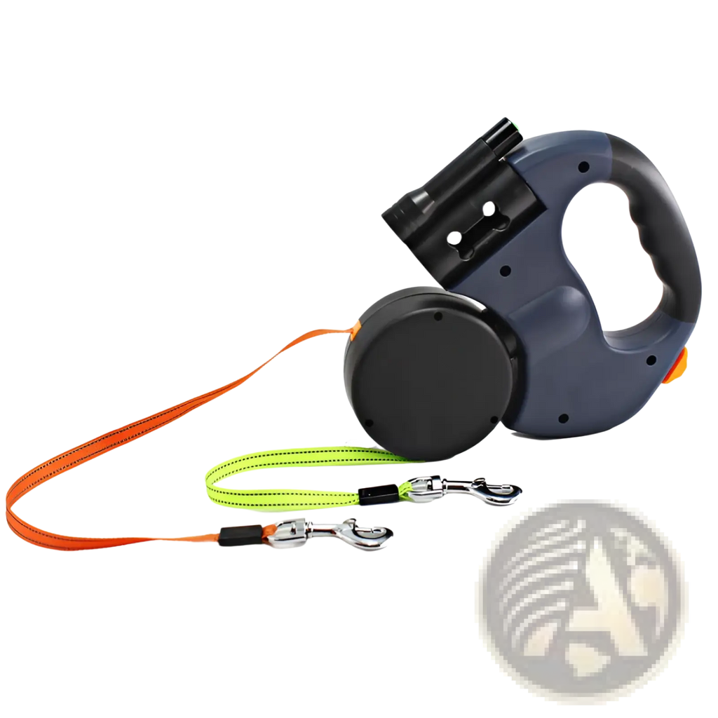 Navy blue dual headed retractable dog leash with led flashlight featuring orange and neon green straps