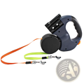 Navy blue dual headed retractable dog leash with led flashlight featuring orange and neon green straps