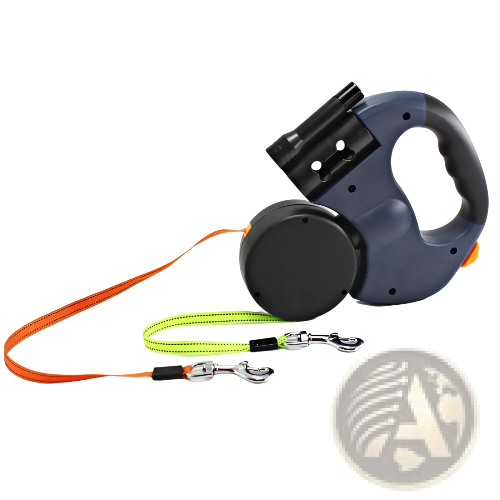 Navy blue dual headed retractable dog leash with led flashlight featuring orange and neon green straps