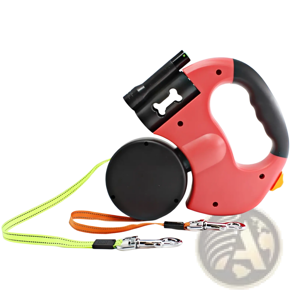 Red and black dual headed retractable dog leash with integrated led flashlight and bone-shaped handle cutout