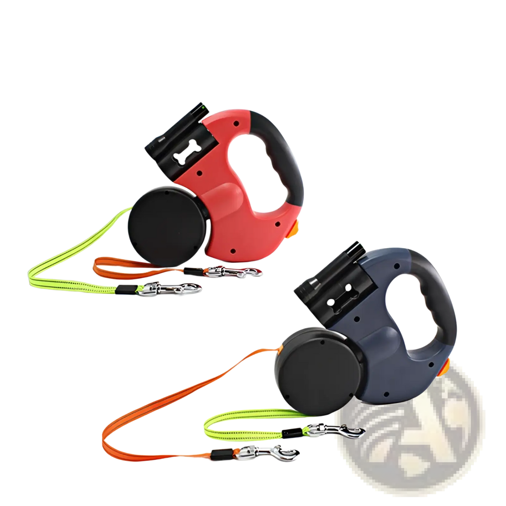 Dual headed retractable dog leashes with led flashlight feature in red and navy blue with neon green and orange straps