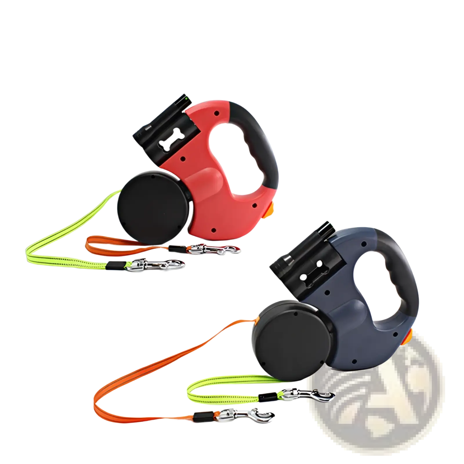 Dual headed retractable dog leashes with led flashlight feature in red and navy blue with neon green and orange straps