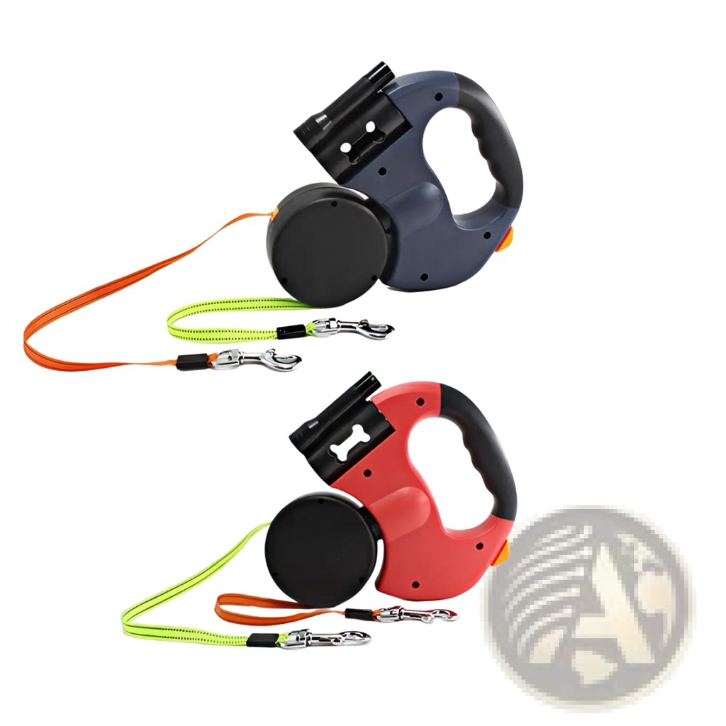 Two retractable dog leashes with led flashlight in navy blue and red featuring bright straps and sturdy handles