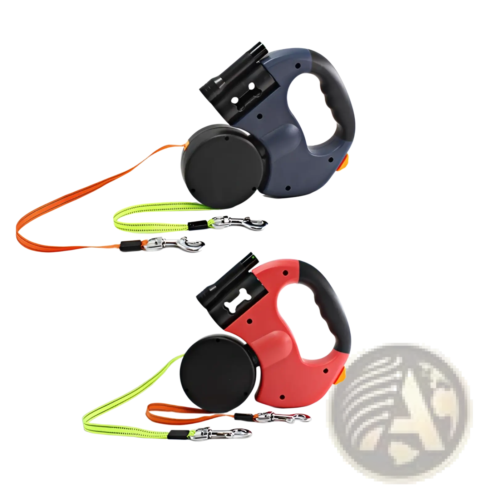Two retractable dog leashes with led flashlight in navy blue and red featuring bright straps and sturdy handles