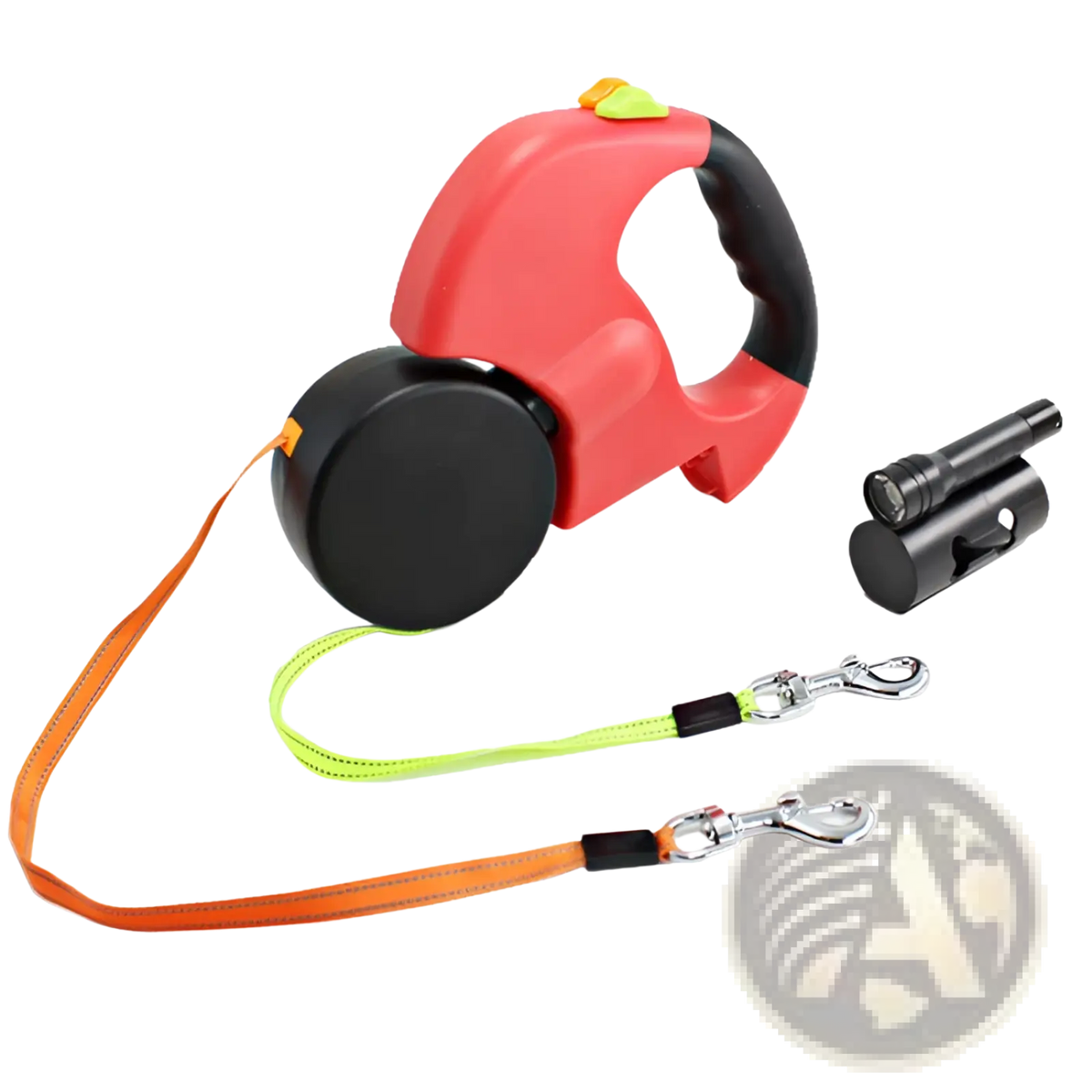 Dual headed retractable dog leash in red and black with orange and neon green straps and built-in led flashlight case