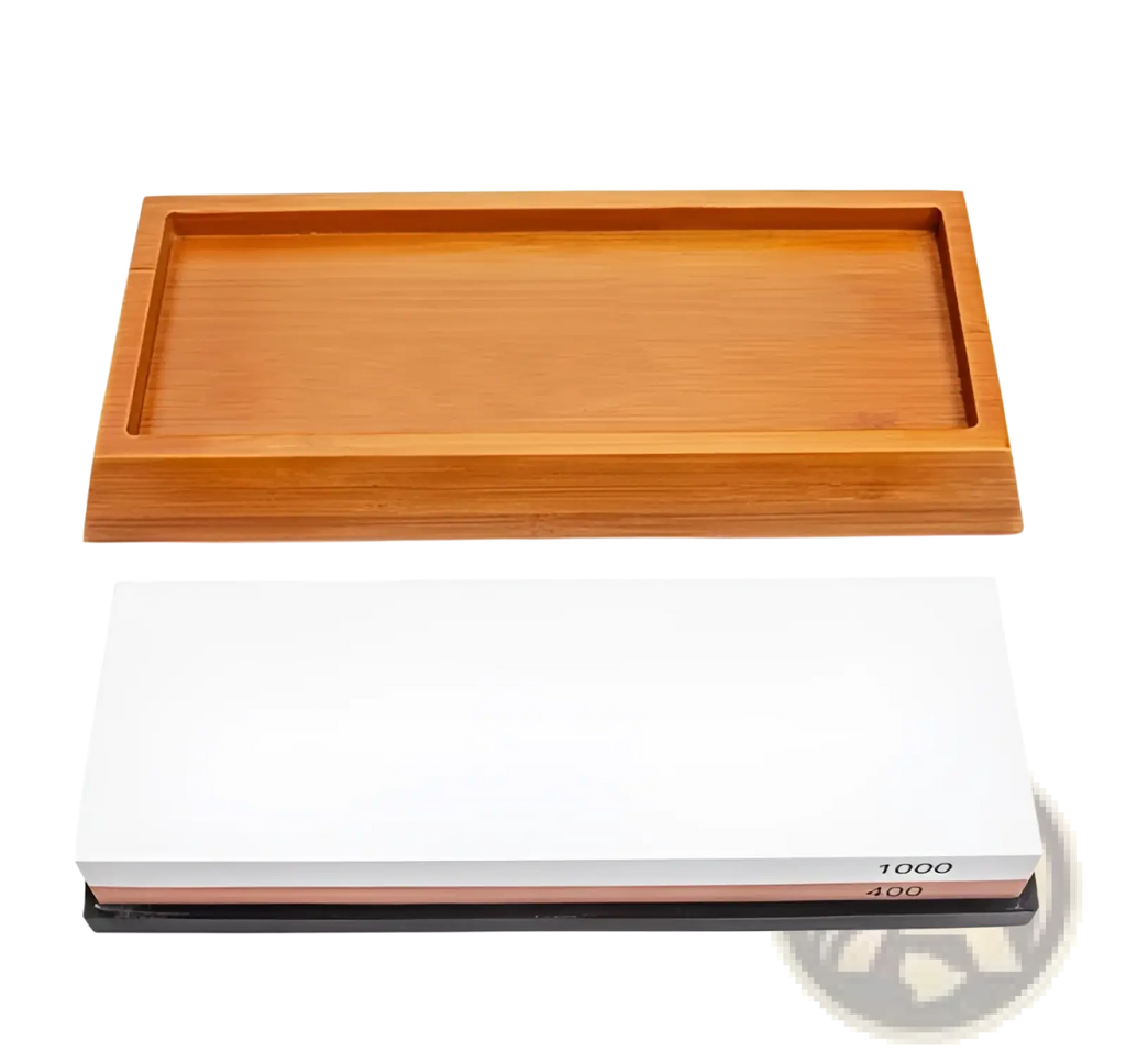 Rectangular wooden whetstone tray with smooth light brown finish and visible grain for dual sided 1000 400 grit whetstone