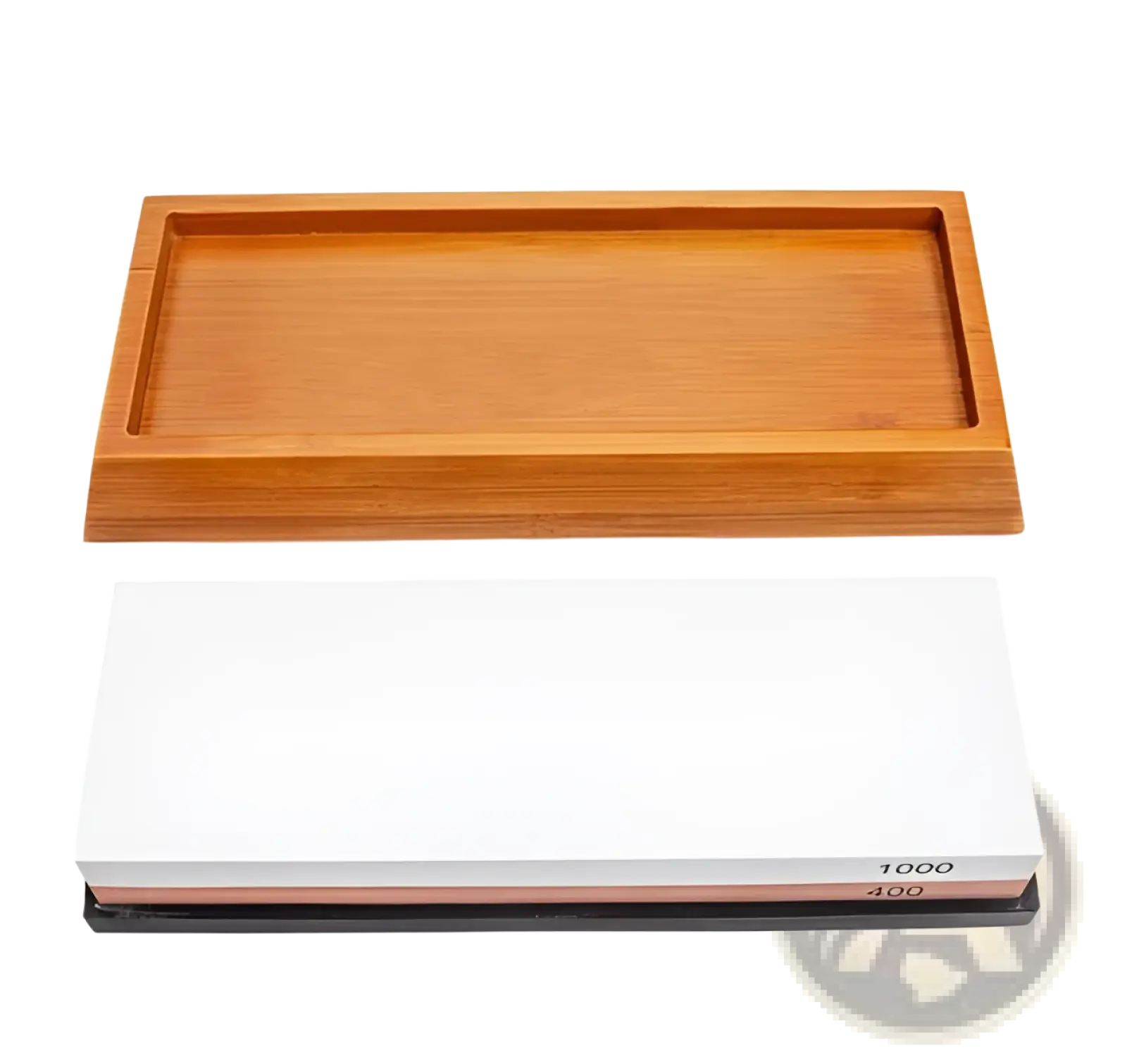 Rectangular wooden whetstone tray with smooth light brown finish and visible grain for dual sided 1000 400 grit whetstone