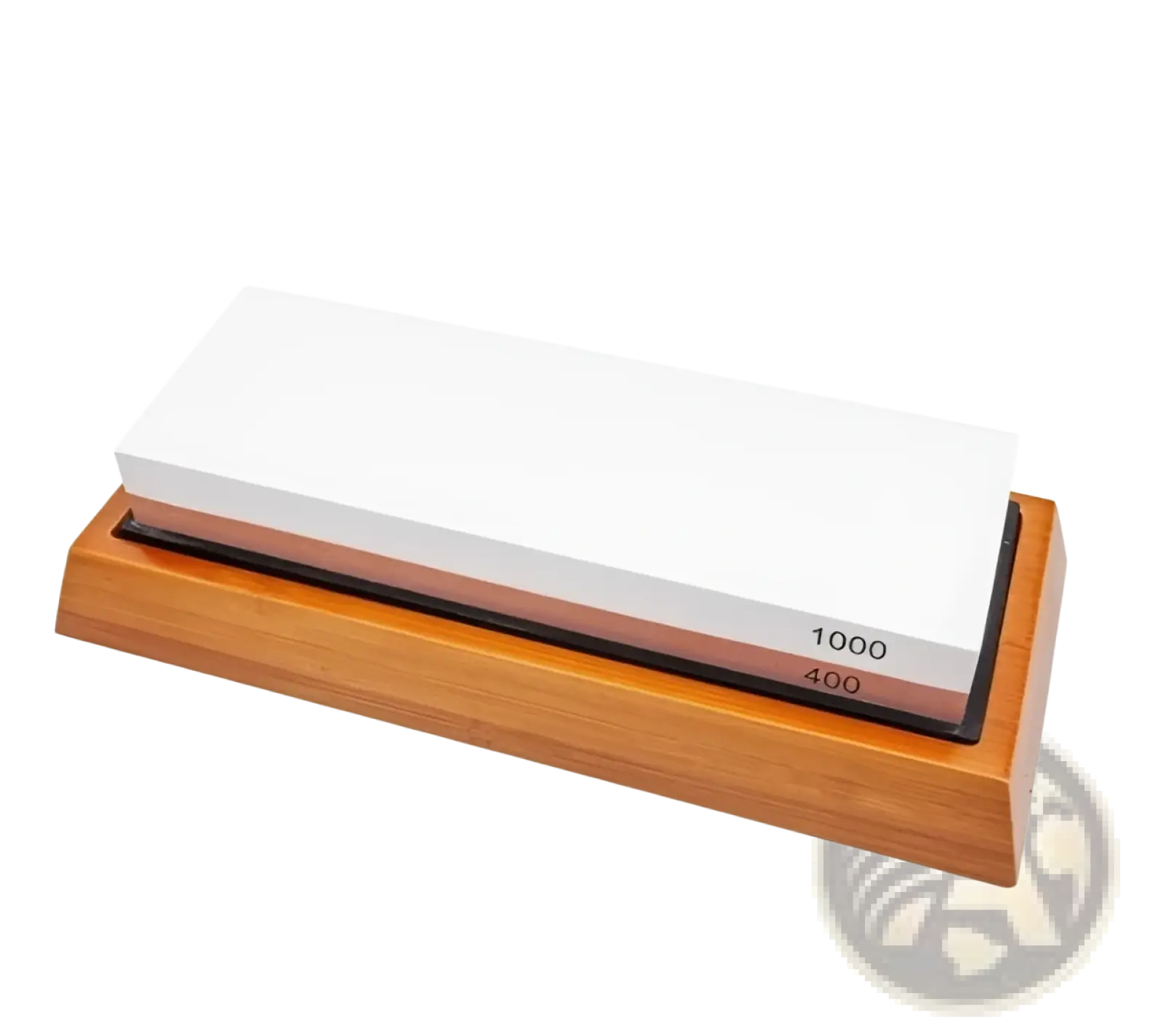 Wooden base holding a dual sided whetstone with white 1000 grit and brown 400 grit abrasive surfaces for sharpening