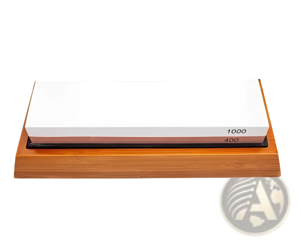 Dual sided 1000 400 grit whetstone with white and brown sharpening stone set in wooden base for sharpening tools