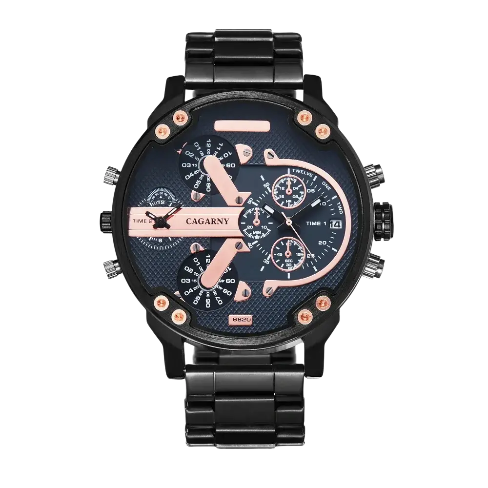Dual time luxury steel quartz mens watch with black and rose gold chronograph multi-dial face and stainless steel bracelet