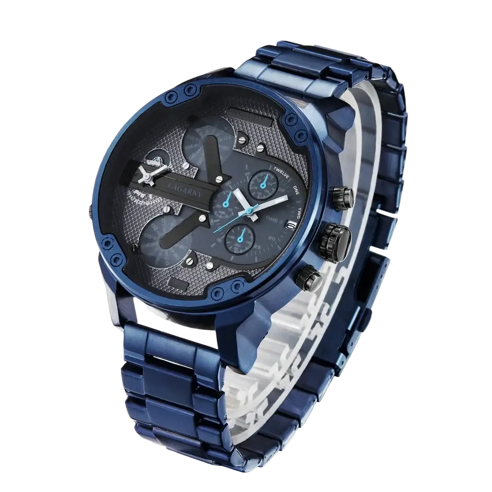 Blue metallic dual time luxury steel quartz mens watch with bold multi-dial chronograph face and link bracelet
