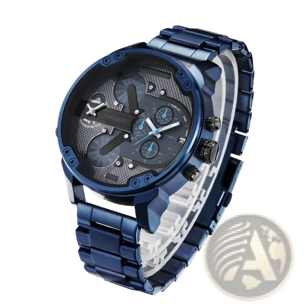 Blue metallic dual time luxury steel quartz mens watch with bold multi-dial chronograph face and link bracelet