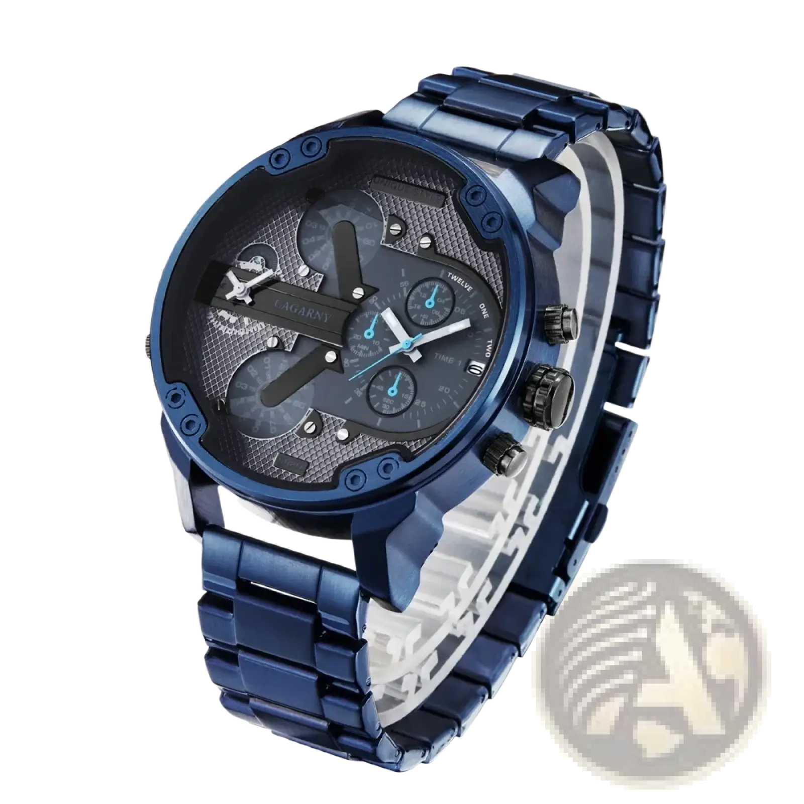 Blue metallic dual time luxury steel quartz mens watch with bold multi-dial chronograph face and link bracelet