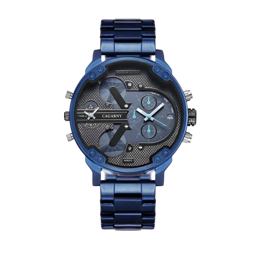 Dual time luxury steel quartz mens watch with blue metallic casing and multi-dial face with textured black accents