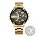 Dual time luxury steel quartz mens watch gold-tone stainless steel chronograph with black dial and multiple subdials
