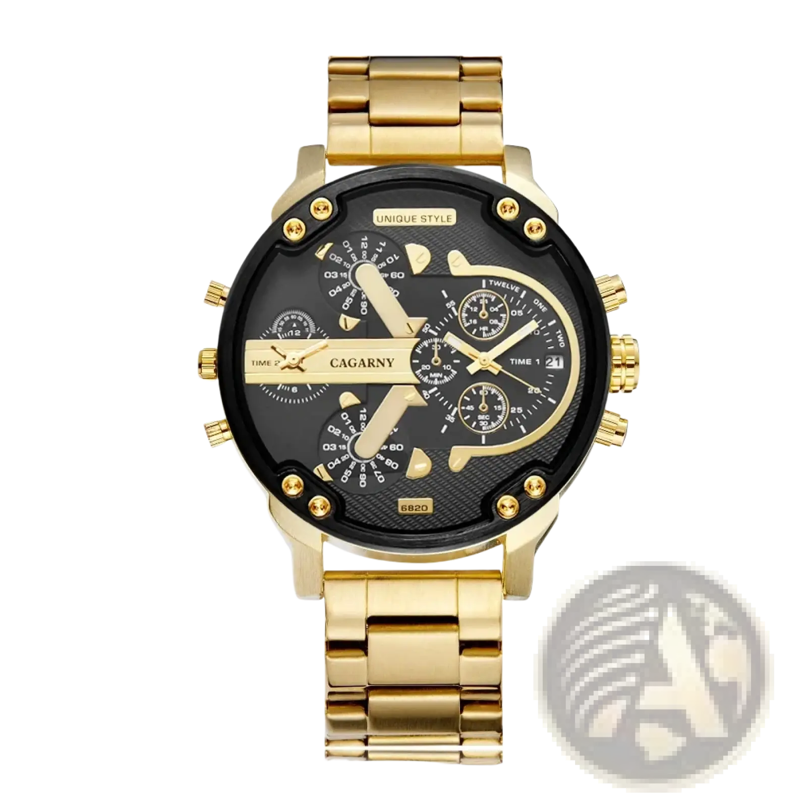 Dual time luxury steel quartz mens watch gold-tone stainless steel chronograph with black dial and multiple subdials