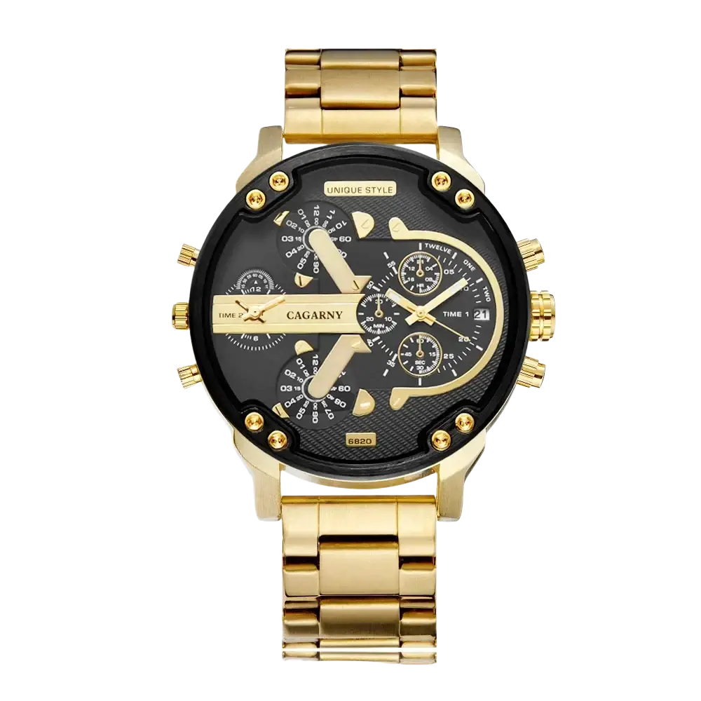 Dual time luxury steel quartz mens watch gold-tone stainless steel chronograph with black dial and multiple subdials