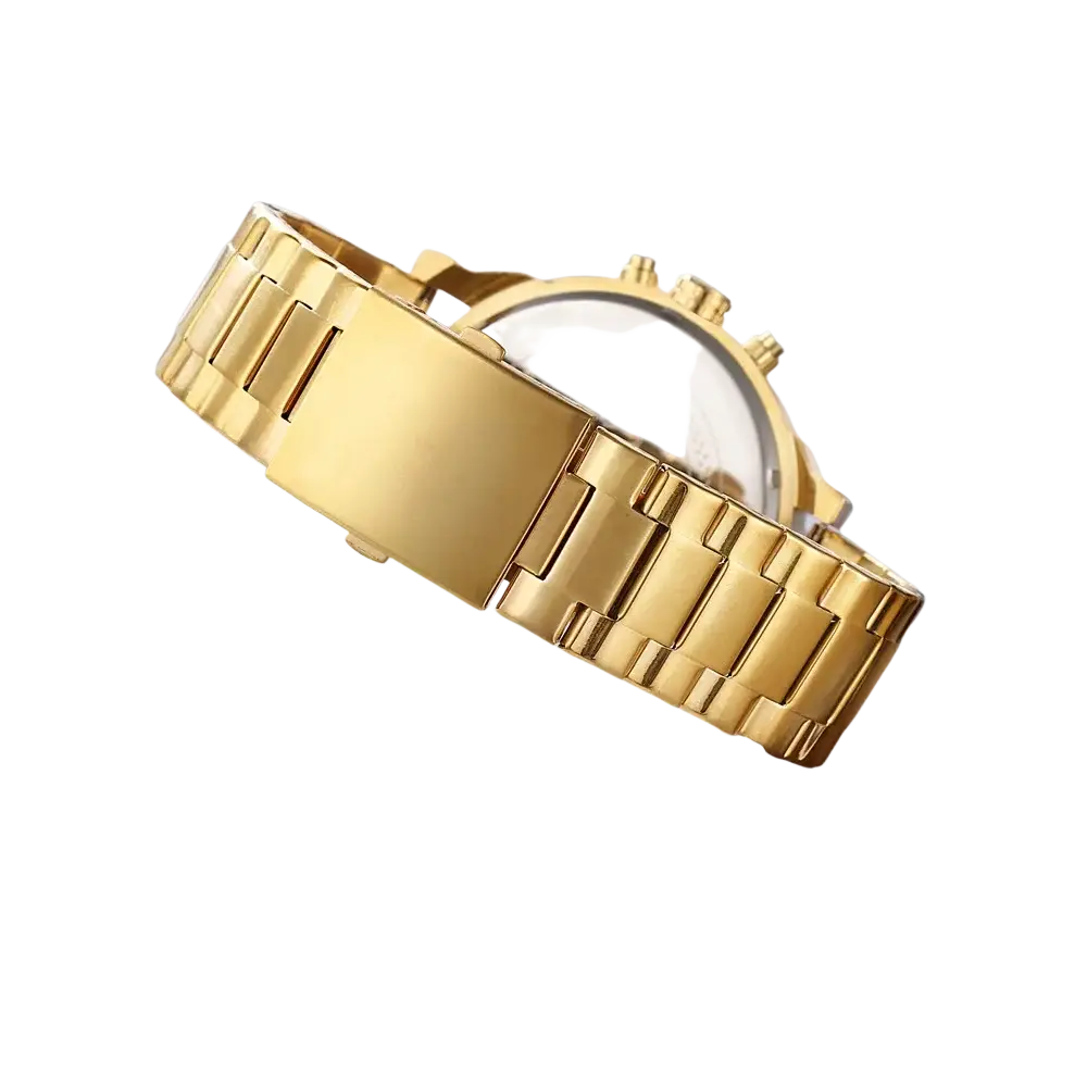Gold-toned stainless steel link bracelet with polished interlocking design for dual time luxury steel quartz mens watch