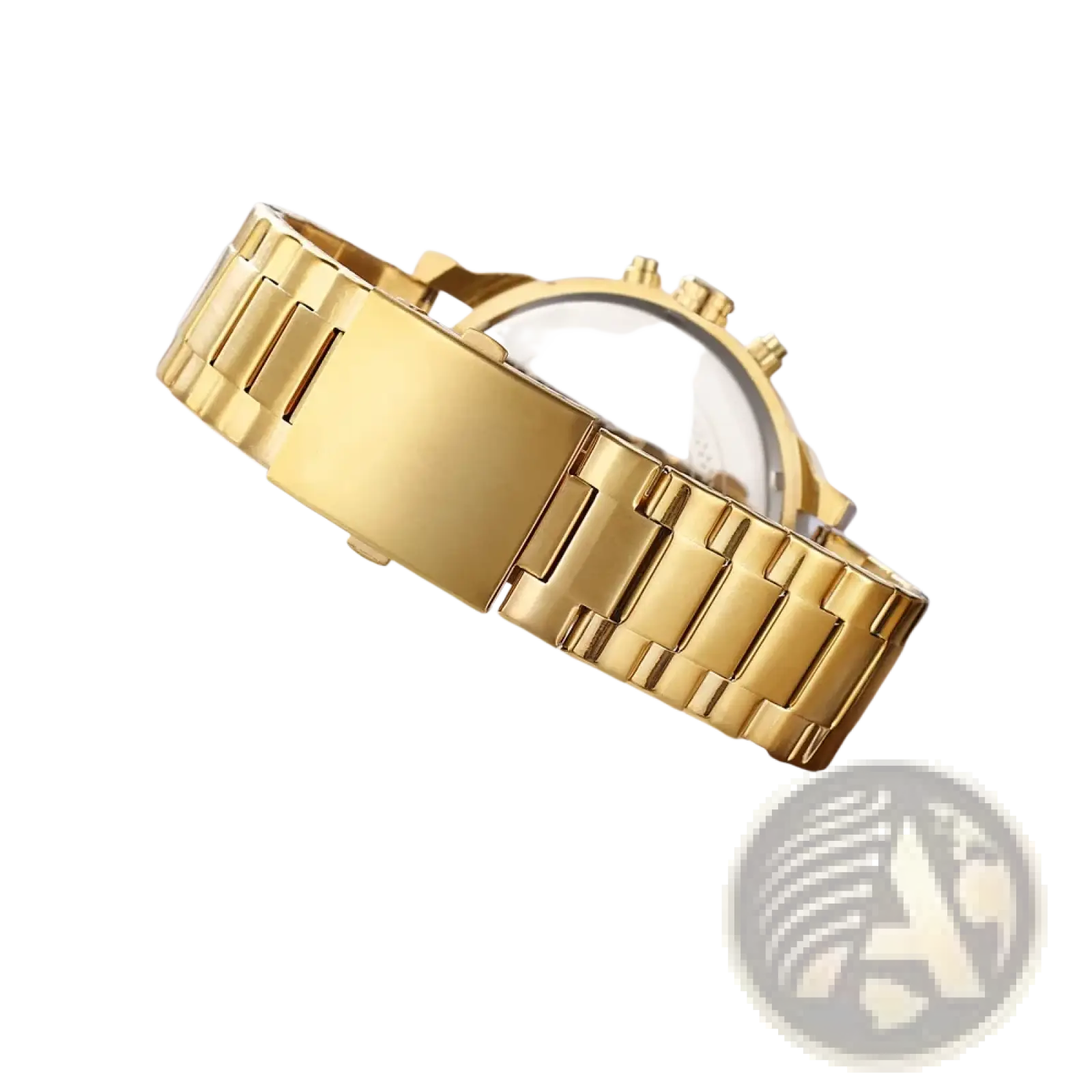 Gold-toned stainless steel link bracelet with polished interlocking design for dual time luxury steel quartz mens watch