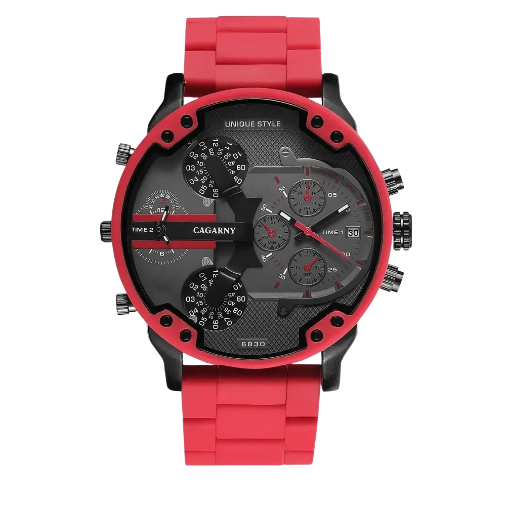 Red and black cagary dual time luxury steel quartz mens sport watch with bold multi dial design and durable steel case