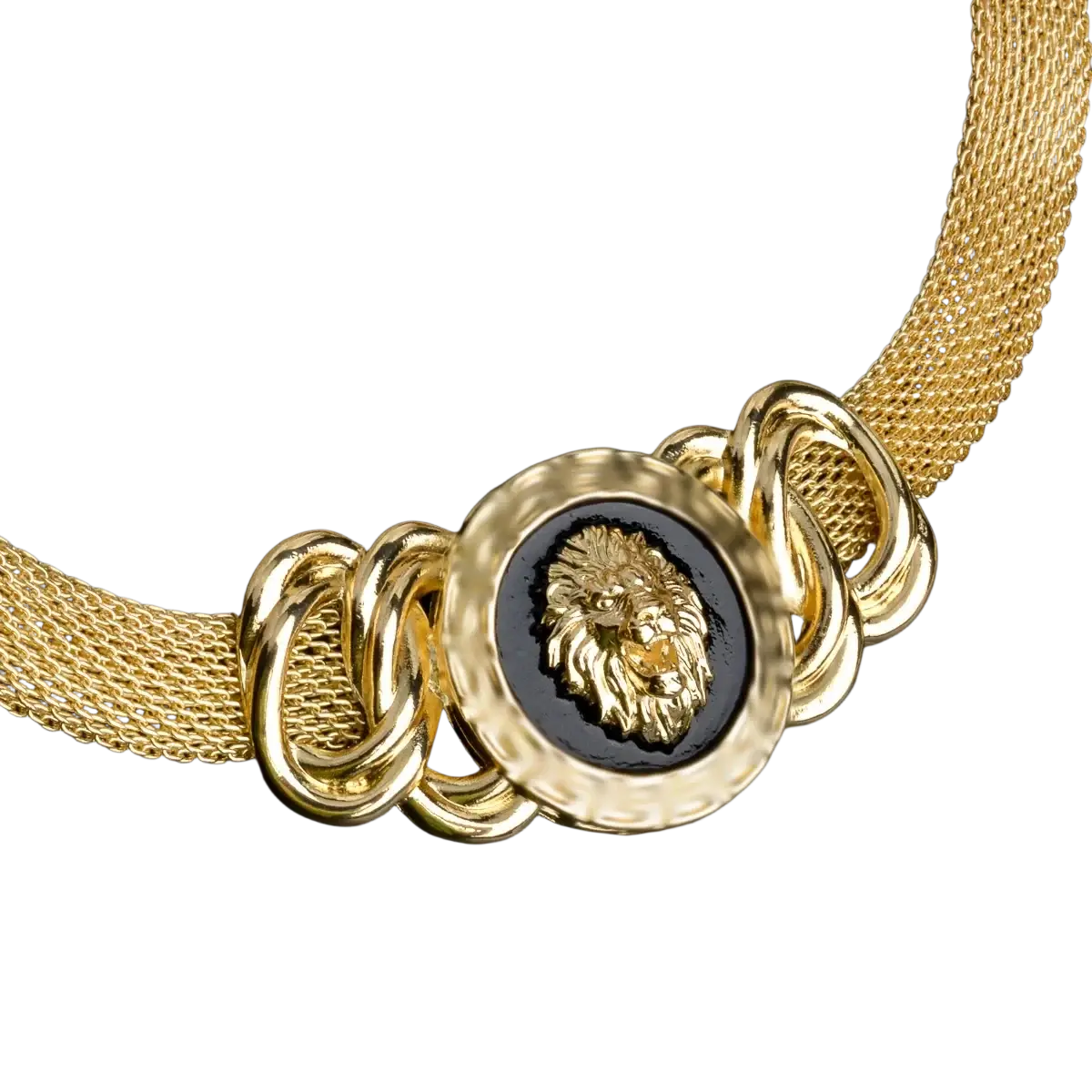 Dubai 18k gold lion jewelry set gold mesh choker necklace with central black medallion embossed with golden lion head